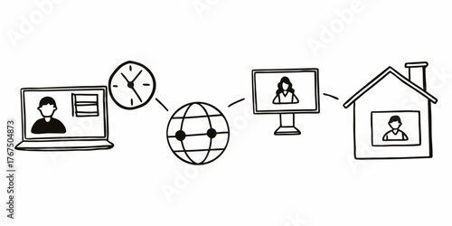 Illustration showing a virtual meeting setup with laptop clock globe monitor and house connected online
