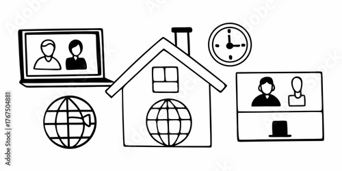 Illustration depicting remote work with laptops, globes, a house, and a clock in a doodle style