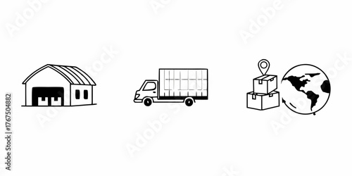 Illustration depicting a warehouse, delivery truck, boxes with location pin, and a globe representing shipping