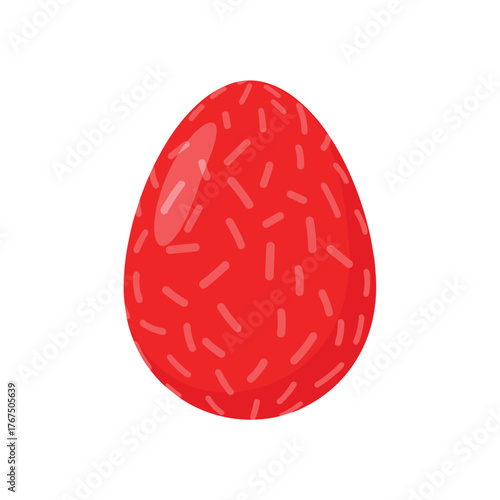 A cheerful cartoon illustration of a bright red Easter egg covered in decorative sprinkles, set against a clean white background.