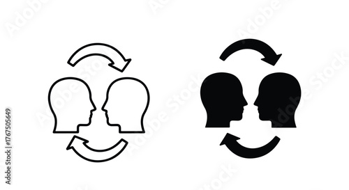 Two heads facing each other with circular arrows symbolizing exchange - Line and glyph icon and logo - Vector icon symbol for website - Icon vector