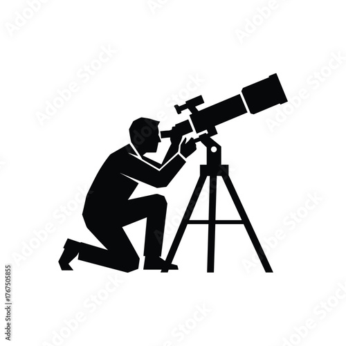 Silhouette of man looking through telescope isolated on white background