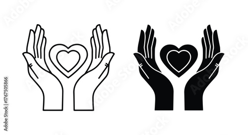 Hands holding heart symbol line art and silhouette icons care love charity - Line and glyph icon and logo - Vector icon symbol for website - Icon vector