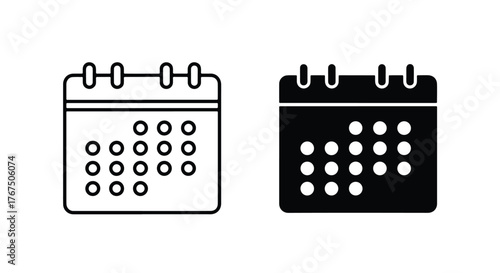 Two calendar icons showing date grid outline and filled style - Line and glyph icon and logo - Vector icon symbol for website - Icon vector