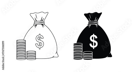 Money bag and coins icons finance wealth cash savings earnings prosperity wealth - Line and glyph icon and logo - Vector icon symbol for website - Icon vector