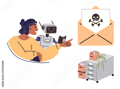 Woman and robot collaborating to spot a threat in an envelope marked with malware, alongside office file cabinets. Ideal for cybersecurity, teamwork, technology, AI, prevention, information safety