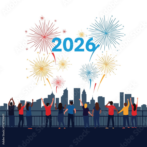 A diverse group of people watches fireworks celebrating the new year 2026 over a city skyline.