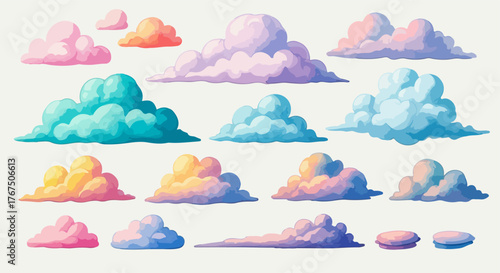 Colorful Watercolor Clouds Collection Fluffy, Dreamy Sky Elements for Creative Designs