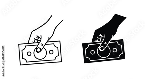 Hand holding banknote two styles line art and silhouette for financial concepts - Line and glyph icon and logo - Vector icon symbol for website - Icon vector