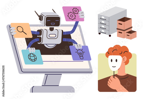 AI robot multitasking within a monitor, handling tasks thumbs up search and ideas. Filing cabinets suggest data organization a person holding a mask highlights privacy. Ideal for technology