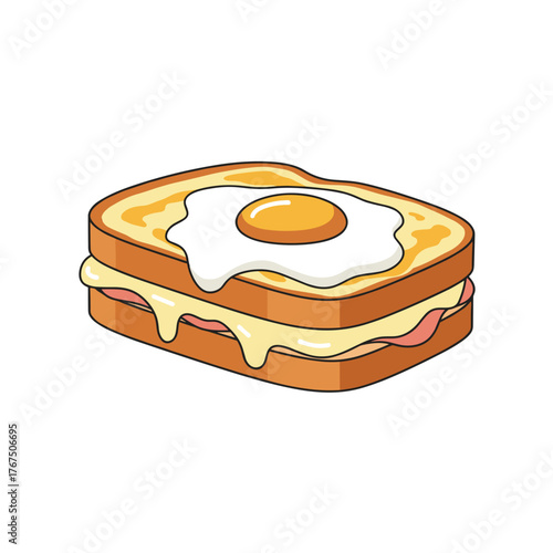 Cartoon Croque Madame Sandwich with Ham, Cheese, and Fried Egg Topping