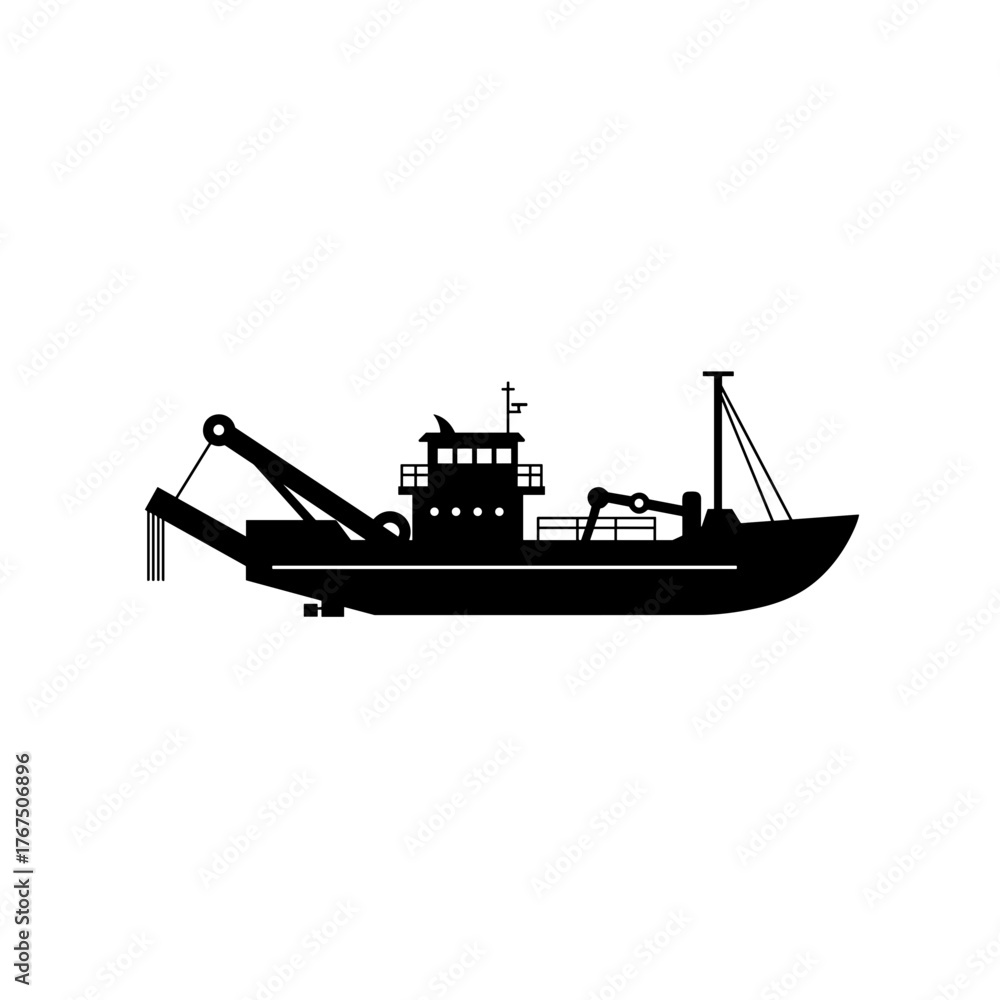 Obraz premium Dredger Vessel Silhouette: Side Profile of a Black Dredging Boat