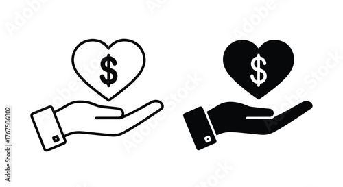 Hand holding heart with dollar sign icon symbolizing charity and financial support - Line and glyph icon and logo - Vector icon symbol for website - Icon vector