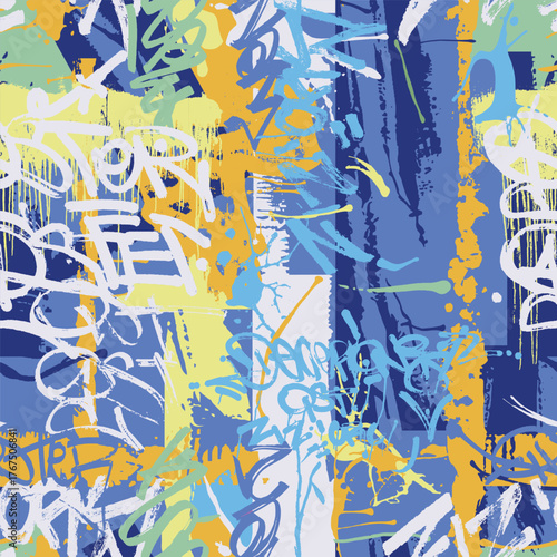 Abstract seamless chaotic pattern with graffiti words and strokes of paint. Grunge dirty texture, spray painting slogan. Wallpaper for boys. Fashion urban style, design print. Vector background
