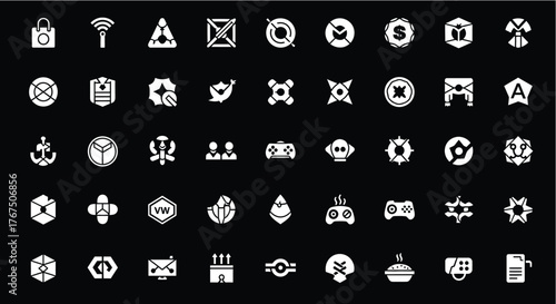 A collection of various white icons arranged neatly on a dark background.