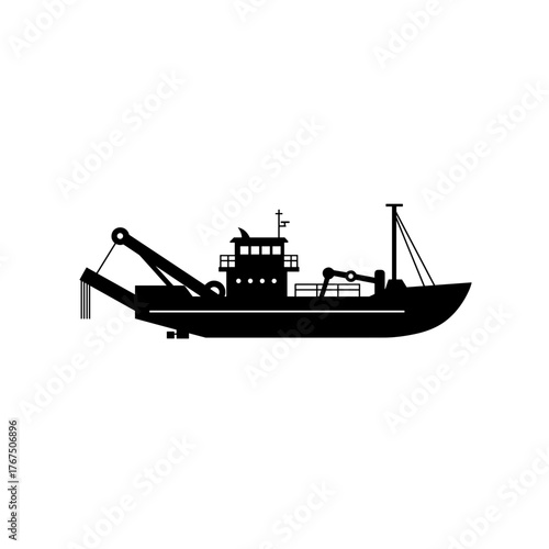 Dredger Vessel Silhouette: Side Profile of a Black Dredging Boat