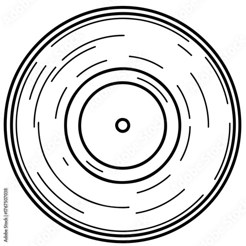 Stylized Vinyl Record Illustration with Grooves and Central Hole in Black and White