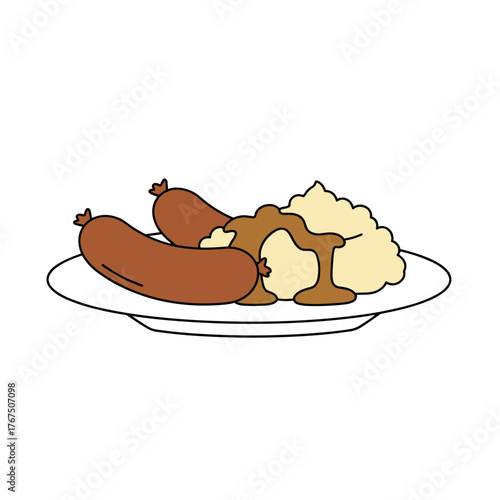 Simple Illustration of Sausages and Mashed Potatoes on a Plate