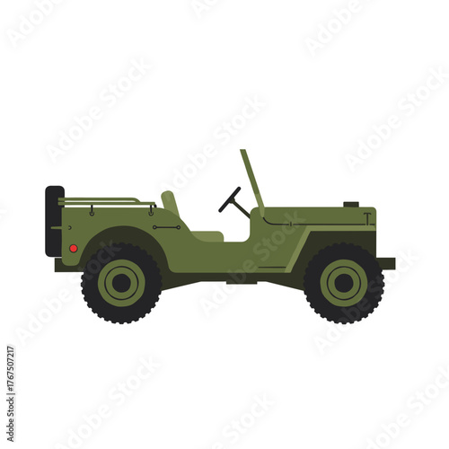 Olive Green Military Jeep Illustration with Detailed Tire Tread and Spare Tire