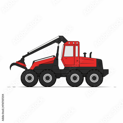 Red and Black Logging Machine with Articulated Arm and Grapple.