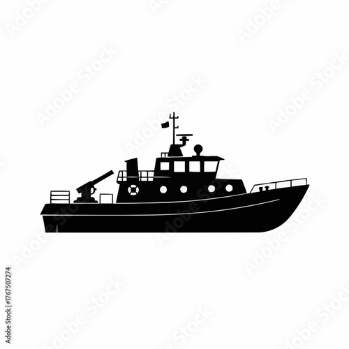 Silhouette of a detailed patrol boat with a water cannon and life preserver