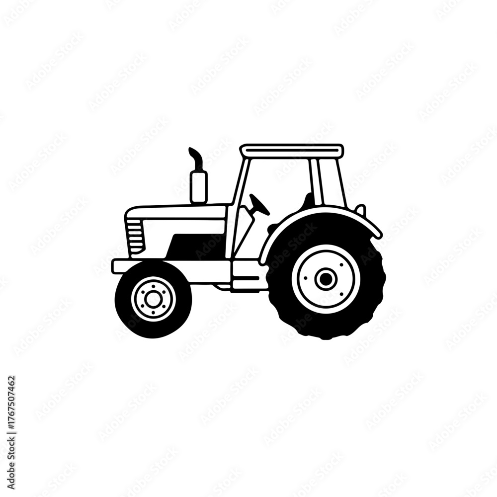 Obraz premium Stylized Black and White Tractor Illustration with Detailed Wheel Design
