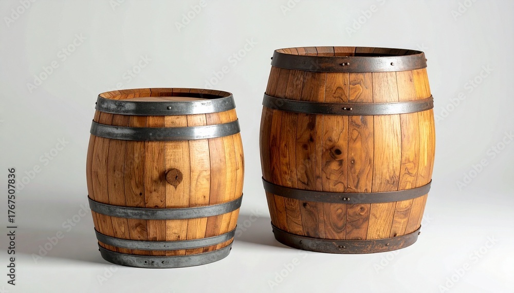 Fototapeta premium Two upright wooden barrels with black metal hoops and polished grain, rustic and traditional against plain background.
