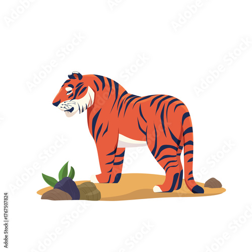 Amur tiger on a white background. Flat vector illustration