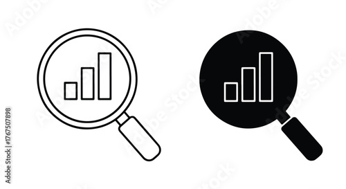 Magnifying glass over growth chart bars for data analysis and insights - Line and glyph icon and logo - Vector icon symbol for website - Icon vector
