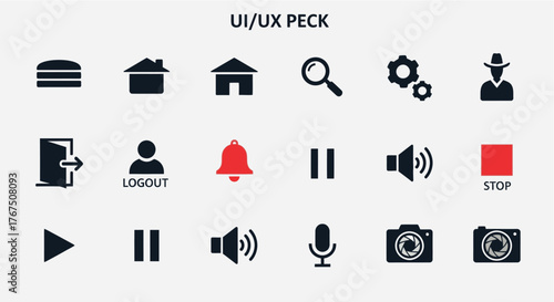 A collection of UI/UX icons including a burger, house, magnifying glass, gear, person, door, notification, and various media controls.
