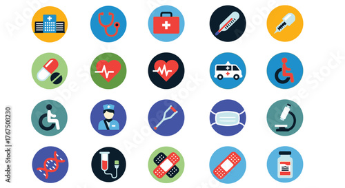 A collection of colorful medical icons and symbols representing healthcare elements.