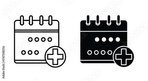 Calendar icon plus symbol two styles outline and solid for adding events - Line and glyph icon and logo - Vector icon symbol for website - Icon vector