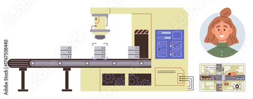 Robotic arm checks packages on conveyor belt with operator profile and system dashboard. Ideal for manufacturing, automation, quality control, technology, engineering, processing, innovation. Simple