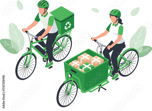 Sustainable Bike Delivery Service. Isometric Vector of Male and Female Couriers on Eco-Friendly Cargo Bikes