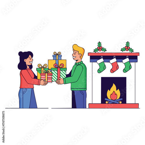 A couple exchanging gifts in front of a fireplace during the Christmas holiday season.
