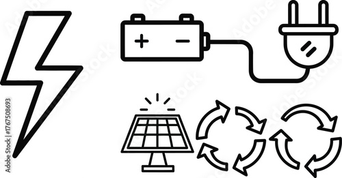 Collection of simple line art icons representing renewable energy sources and power storage solutions
