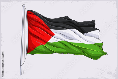 Hand drawn waving Palestine flag, patriotic national symbol artwork, Palestine flag fluttering, independence and freedom
