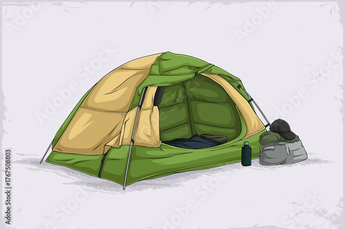Camping tent set up in nature, providing shelter for outdoor adventures, hiking trips, and wilderness exploration