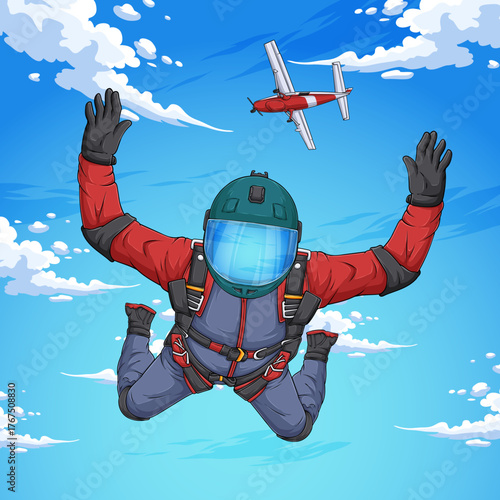 Man wearing skydiving suit and helmet flying in the air, Skydiver jumping from fly skydivers aircraft, extreme sport and adventure illustration.
