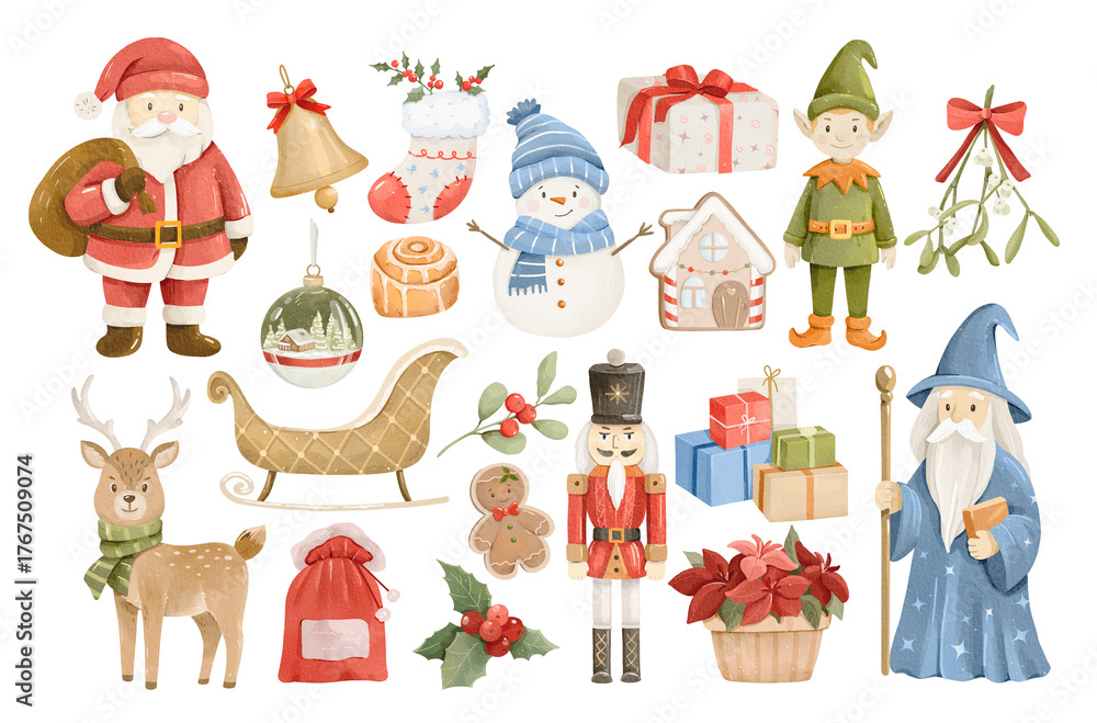 Fototapeta premium Watercolor festive christmas characters and objects isolatet illustrations