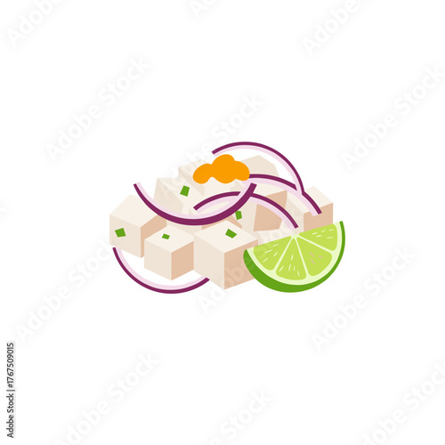 Peruvian Ceviche: Cubes of Fish, Red Onion, Lime, Aji Amarillo Paste