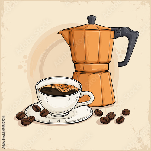 Coffee maker with cup full of coffee on saucer and roasted beans, morning drink and caffeine concept.