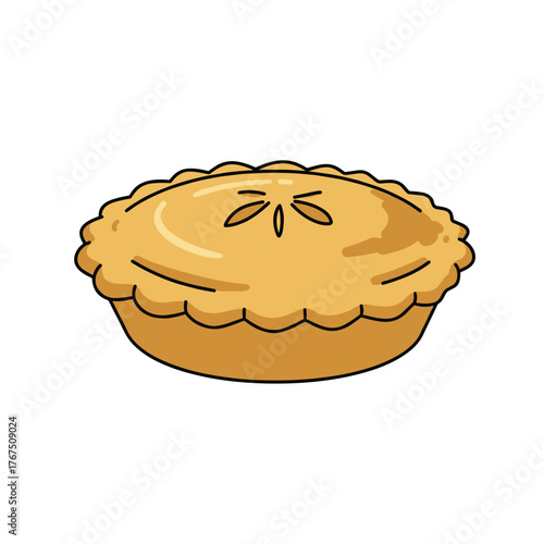 Cartoon style golden pie with decorative crust and filling design