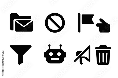 Spam Control Icons. Spam control. Filled icon set of Spam control: spam folder, blocked sign, report flag,