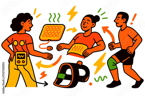 Innovative Pain Relief Devices. Chronic pain relief tools. A glowing set of devices like TENS units, heat pads