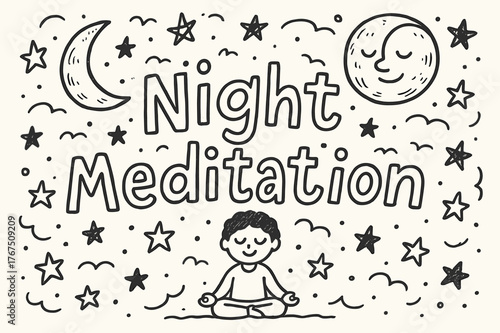 Night Meditation Doodle. In the middle, the word ?Night meditation? written in doodle hand-drawn style.