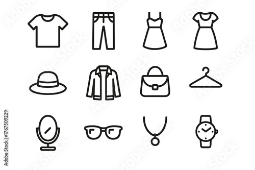 Fashion Icon Grid. Outfit of the day. Line outline icon set of outfit of the day: t-shirt, jeans, sneakers,