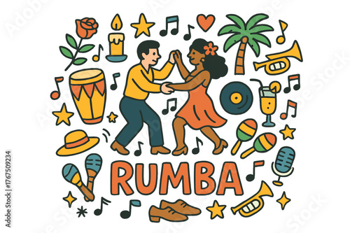 Rumba Dance Celebration. Rumba. Hand-drawn doodle illustration of rumba. Dancing couple, drum, rose, candle,