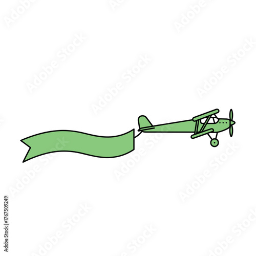 Cartoon Green Biplane with a Waving Banner, Simple Line Art Style