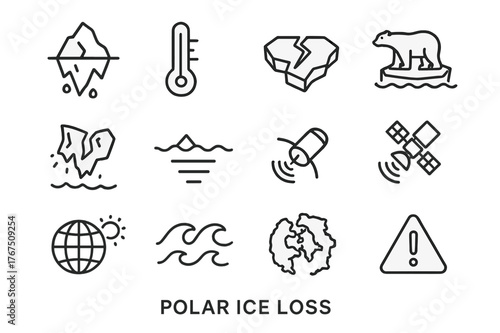 Polar Ice Loss Icons. Polar ice loss. Line outline icon set of polar ice loss: melting iceberg, thermometer